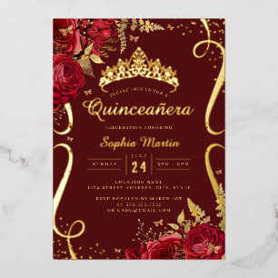 Rode Gouden Bloemrijke Elegante Rol Quinceanera Folie Uitnodiging