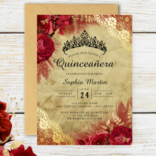 Rode Gouden Bloemrijke Kant Quinceanera Folie Uitnodiging