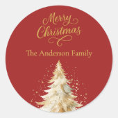Rode gouden boom sneeuw Kerstmis Ronde Sticker (Voorkant)