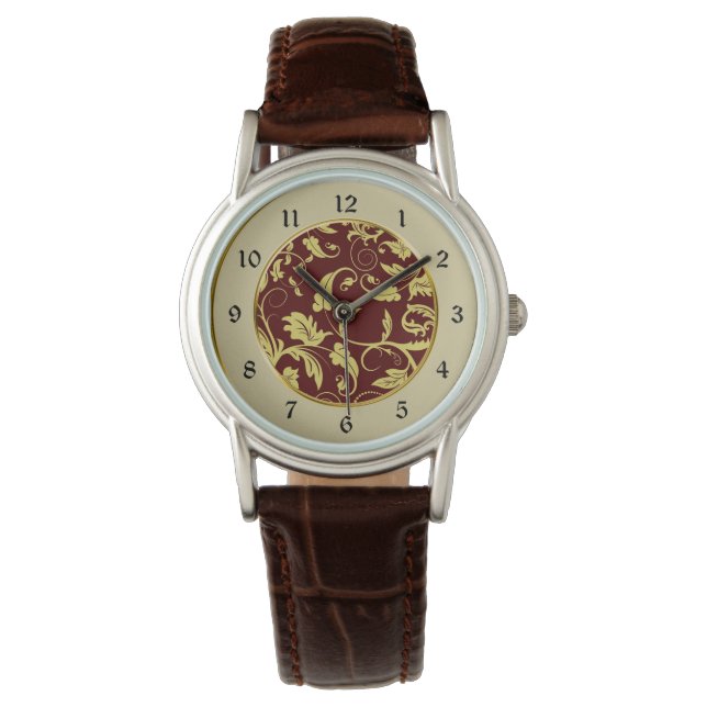 Rode gouden Brocade Patroon Horloge (Voorkant)