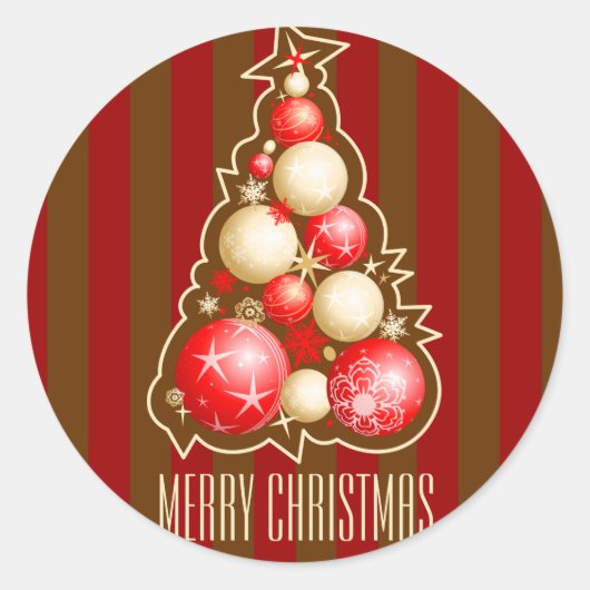 Rode & Gouden Bubbels Kerstboom Ronde Sticker (Voorkant)