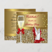 Rode Gouden Champagne Hakken Verjaardagsfeestje Kaart (Voorkant / Achterkant)