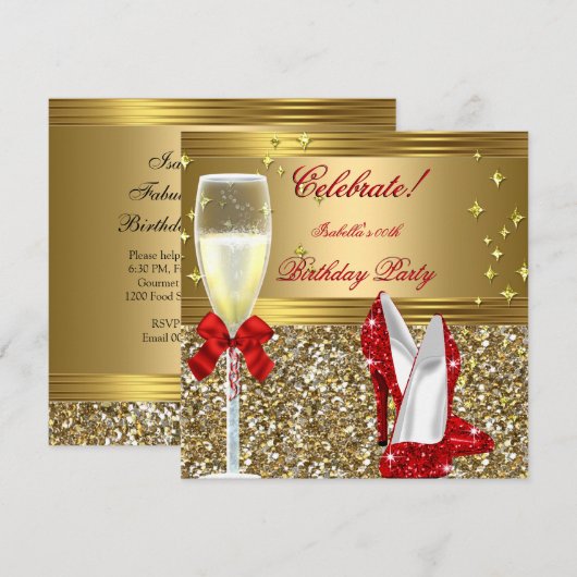 Rode Gouden Champagne Hakken Verjaardagsfeestje Kaart (Voorkant / Achterkant)