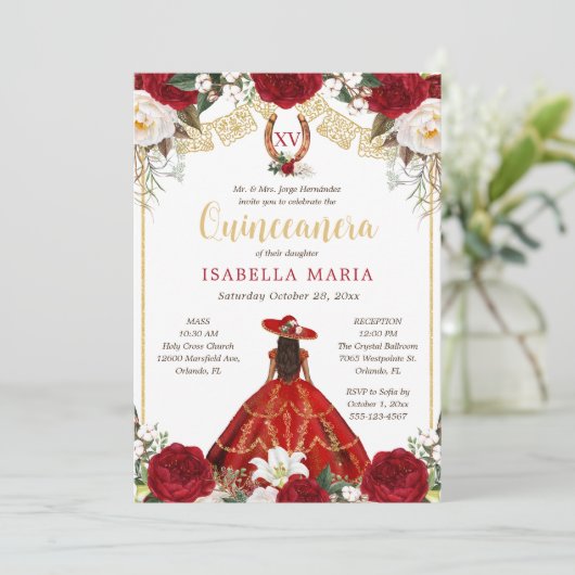 Rode & Gouden Charra met Foto Mexicaanse Quinceañe Kaart (Staand voorkant)
