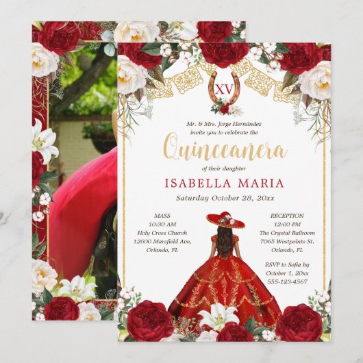 Rode & Gouden Charra met Foto Mexicaanse Quinceañe Kaart (Voorkant / Achterkant)