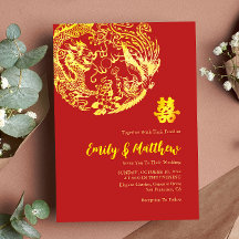 Rode gouden Chinese Draak en Phoenix-logo bruiloft