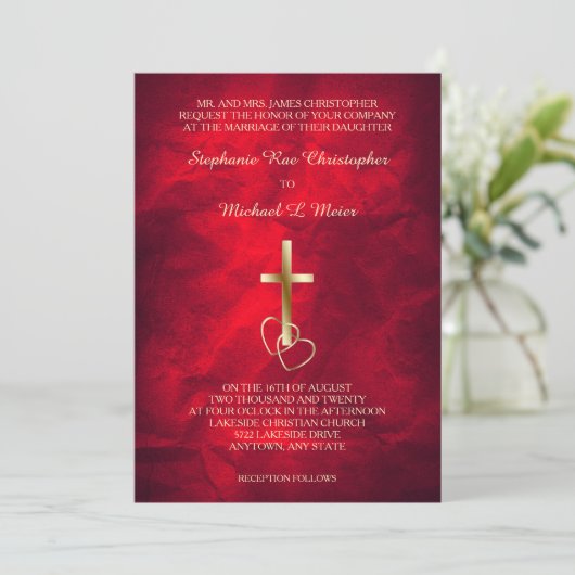 Rode gouden Christelijke bruiloft Kaart (Staand voorkant)