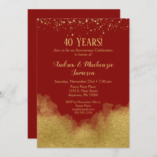 Rode Gouden Confetti Jubileum Uitnodiging Robijn 4 (Voorkant / Achterkant)