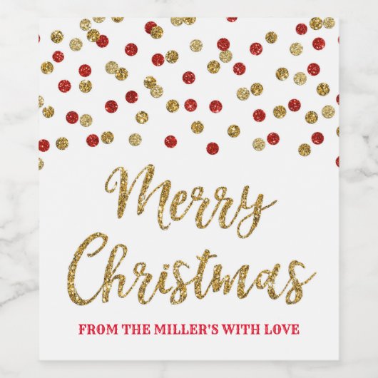 Rode Gouden Confetti Merry Christmas Custom Wijn Etiket (Enkel label)