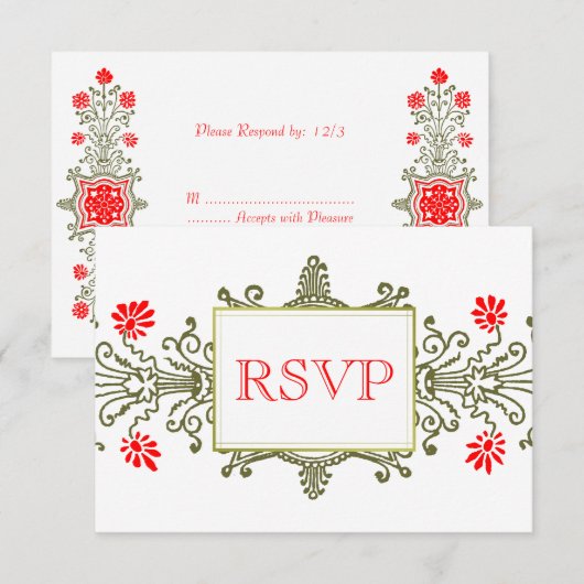 Rode Gouden Elegante Bloemrijke Aangepaste RSVP Ka (Voorkant / Achterkant)