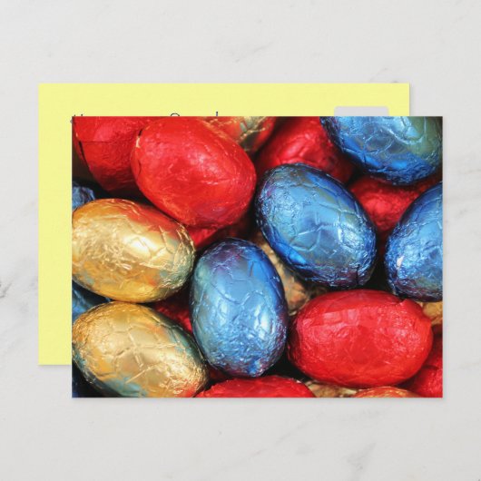 Rode, gouden en blauwe Belgische chocolade paaseie Feestdagenkaart (Voorkant / Achterkant)
