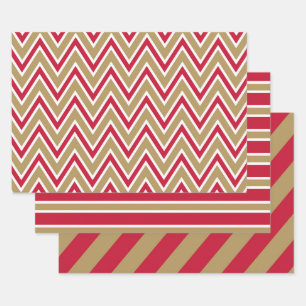 Rode, gouden en witte Chevron- en streeppatronen Inpakpapier Vel