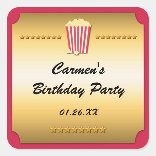 Rode & Gouden Film Cinema Popcorn Party Sticker (Voorkant)