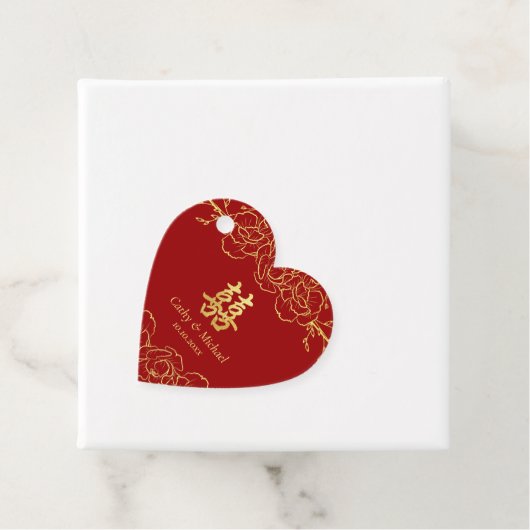 Rode gouden florale grens chinese bruiloft dubbelx bedankjes labels (In situ)