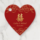 Rode gouden florale grens chinese bruiloft dubbelx bedankjes labels (Voorkant)