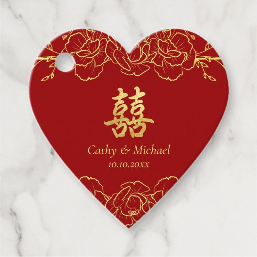 Rode gouden florale grens chinese bruiloft dubbelx bedankjes labels (Voorkant)