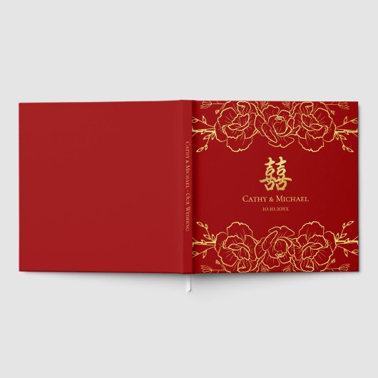 Rode gouden florale grens chinese bruiloft dubbelx gastenboek (Volledig)