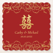 Rode gouden florale grens chinese bruiloft dubbelx kartonnen onderzetters (Voorkant)
