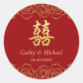 Rode gouden florale grens chinese bruiloft dubbelx ronde sticker
