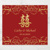 Rode gouden florale grens chinese bruiloft dubbelx sparkling wijnetiket (Enkel label)