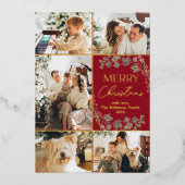 Rode Gouden Folie 5 Foto Familie Kerstmis Kaart (Voorkant)