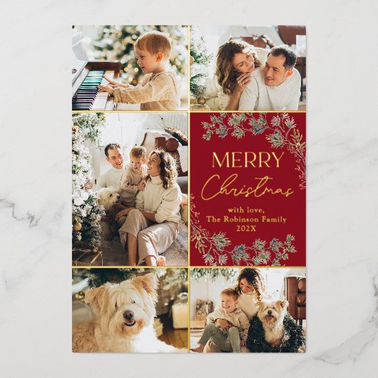 Rode Gouden Folie 5 Foto Familie Kerstmis Kaart (Voorkant)
