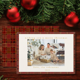 Rode Gouden Geruite Aangepaste Foto Kerstmis Feestdagenkaart
