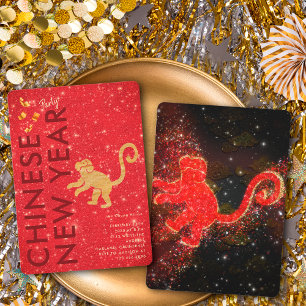 Rode Gouden Glitter Apen Nieuwjaarsfeest Kaart