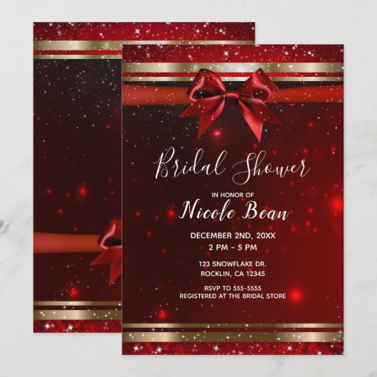Rode & Gouden Glitter Chic Strik Bruiloft Feest Kaart (Voorkant / Achterkant)