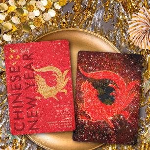 Rode Gouden Glitter Haan Maan Nieuwjaar Feest Kaart