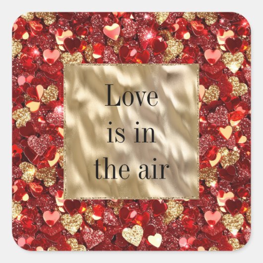 Rode gouden glitter harten vierkante sticker (Voorkant)