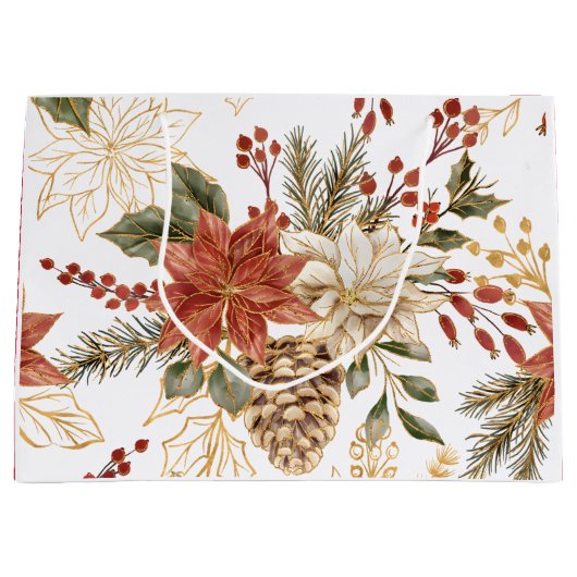 Rode Gouden Glitter Kerstbloem Groot Cadeauzakje (Voorkant)