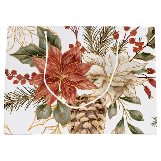 Rode Gouden Glitter Kerstbloem Groot Cadeauzakje (Voorkant)