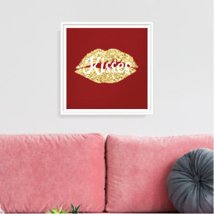 Rode Gouden Glitter Lippen Flirty Kus Canvas Afdruk