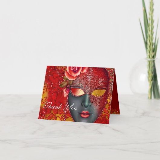 Rode & Gouden Glitter Masker Maskerade Bedankkaart (Voorkant)