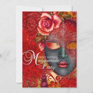 Rode & Gouden Glitter Masker Verjaardagsuitnodigin Kaart