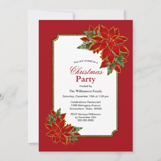 Rode gouden grens in Poinsettia kerstfeest Kaart (Voorkant)
