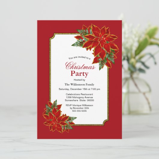 Rode gouden grens in Poinsettia kerstfeest Kaart (Staand voorkant)