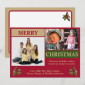 Rode, Gouden & Groene Moderne Kerstkaart met 3 fot (Voorkant / Achterkant)