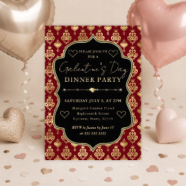 Rode & Gouden Hart Damast Galentine's Dinerfeest Kaart