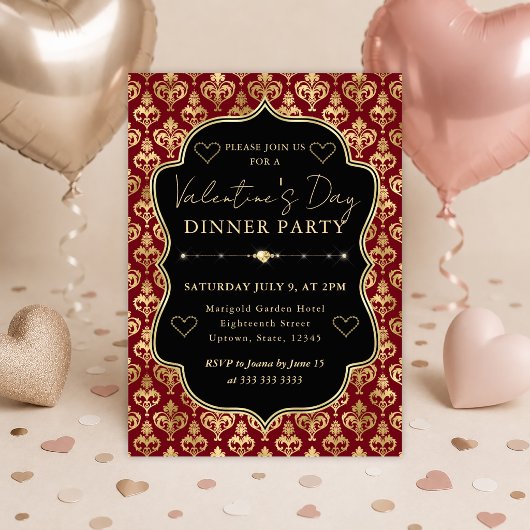Rode & Gouden Hart Damast Valentijnsdinerfeest Kaart