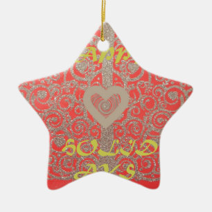 Rode & Gouden Hart Glitter: Luxe Gelukkig Kerstmis Keramisch Ornament