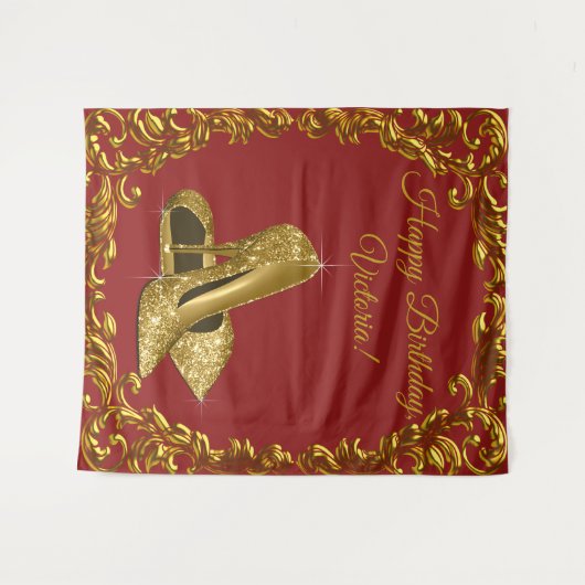 Rode Gouden Hoge Hak Schoen Verjaardagsfeest L Ach Wandkleed (Voorkant (horizontaal))