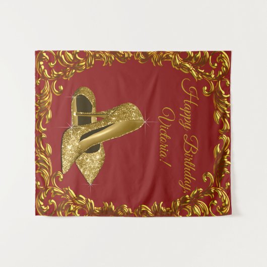Rode Gouden Hoge Hak Schoen Verjaardagsfeest M Ach Wandkleed (Voorkant (horizontaal))
