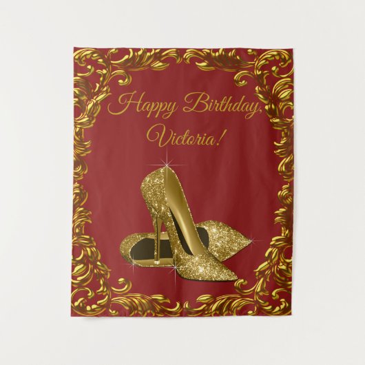 Rode Gouden Hoge Hak Schoen Verjaardagsfeest M Ach Wandkleed (Voorkant)