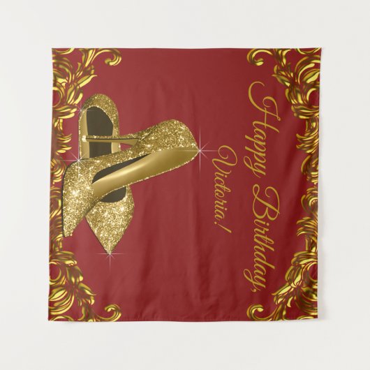 Rode Gouden Hoge Hak Schoen Verjaardagsfeest SQ Ac Wandkleed (Voorkant (horizontaal))