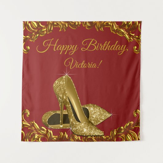 Rode Gouden Hoge Hak Schoen Verjaardagsfeest SQ Ac Wandkleed (Voorkant)