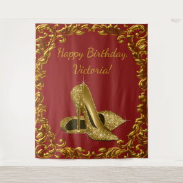 Rode Gouden Hoge Hak Schoen Verjaardagsfeest XL Ac Wandkleed