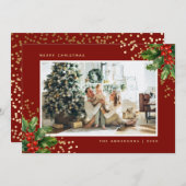 Rode Gouden Holly Berries Foto Kerstmis Kaarten (Voorkant / Achterkant)