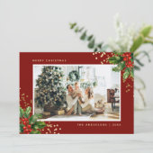 Rode Gouden Holly Berries Foto Kerstmis Kaarten (Staand voorkant)